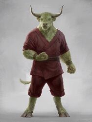  2023 2_horns 3:4 anthro artist_name bottomwear bovid bovine clothing dated digitigrade doctor_strange_(series) ear_piercing ear_ring european_mythology fur greek_mythology green_body green_eyes green_fur grey_background hi_res hooved_digitigrade hooved_toes hooves horn looking_at_viewer male mammal marvel_cinematic_universe minotaur mythology pants piercing red_bottomwear red_clothing red_pants red_robes red_topwear ring_piercing rintrah_(marvel) simple_background solo standing taran_fiddler topwear wristband 