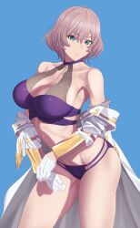  bikini blue_background blue_eyes breasts cleavage closed_mouth collarbone contrapposto epaulettes female gloves grey_hair gridman_universe hair_between_eyes highres jacket large_breasts looking_at_viewer military_jacket mujina off_shoulder purple_bikini short_hair solo ssss.dynazenon swimsuit thighs undressing wakusei-planet wet white_gloves white_jacket 