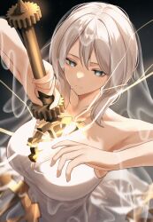  arm_up blue_eyes breasts closed_mouth dress e.g.o_(project_moon) everlasting_(e.g.o) faust_(project_moon) female from_above gears highres holding holding_sword holding_weapon human_scabbard large_breasts limbus_company looking_at_viewer project_moon short_hair sohdvh_khos_ph solo strapless strapless_dress sword upper_body weapon white_dress white_hair white_veil 