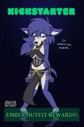  2:3 anthro black_background black_bottomwear black_clothing black_dress black_skirt black_topwear bloodline_(webcomic) blue_body blue_ears blue_fur blue_tail blush blush_lines bottomwear canid canine canis chains clothing dress embarrassed ember_(bloodline) female fluffy_chest fluffy_ears fur gold_(metal) gold_chain green_eyes green_text hi_res kickstarter mammal multicolored_body simple_background skirt solo tail text topwear two_tone_body w0lfmare white_body white_fur wolf 