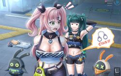  2girls :3 =_= arm_strap arm_up armpits bangboo_(zenless_zone_zero) bare_shoulders black_ribbon black_shorts breasts cleavage clothing_cutout commentary crop_top cuffs dayqua eous_(zenless_zone_zero) green_eyes hair_ribbon handcuffs highres long_hair midriff multiple_girls navel nicole_demara open_mouth pink_hair qingyi_(zenless_zone_zero) ribbon securityboo_(zenless_zone_zero) shirt shorts shoulder_cutout sleeveless sleeveless_shirt stomach two_side_up very_long_hair x_x zenless_zone_zero 