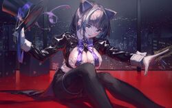  absurdres animal_ears aqua_eyes azur_lane black_pantyhose black_shirt bow bowtie breasts card cat_ears cheshire_(azur_lane) cheshire_(the_cat_in_the_magic_hat)_(azur_lane) cleavage crop_top extra_ears feet_out_of_frame female framed_breasts hat highres holding holding_card holding_hat holding_unworn_clothes indoors juliet_sleeves large_breasts leather_shirt leotard long_sleeves looking_at_viewer open_mouth pantyhose playing_card puffy_sleeves see-through see-through_leotard shirt short_hair sidelocks sitting smile solo top_hat window yu_hydra 