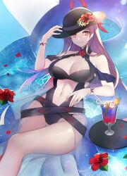  bare_shoulders black_one-piece_swimsuit blue_one-piece_swimsuit breasts casual_one-piece_swimsuit cleavage clothing_cutout dress_swimsuit female fire_emblem fire_emblem_engage fire_emblem_heroes flower hat highres ivy_(fire_emblem) ivy_(summer)_(fire_emblem) large_breasts long_hair looking_at_viewer machi_wt mole mole_under_mouth navel official_alternate_costume one-piece_swimsuit purple_eyes purple_hair solo stomach stomach_cutout swimsuit 