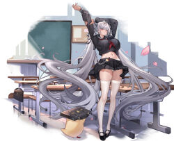  absurdly_long_hair absurdres arms_up azur_lane black_footwear black_sailor_collar black_serafuku black_shirt black_skirt breasts classroom closed_mouth faux_figurine female formidable_(azur_lane) formidable_(the_lover&#039;s_heart_flutters_on_duty)_(azur_lane) full_body grey_hair highres holding_own_arm large_breasts long_hair looking_at_viewer manjuu_(azur_lane) miniskirt navel official_alternate_costume one_eye_closed panties pantyshot pleated_skirt red_eyes sailor_collar school_uniform serafuku shirt simple_background skindentation skirt smile standing stomach stretching thighhighs thighs twintails underwear very_long_hair white_background white_panties white_thighhighs yoyoleaf 