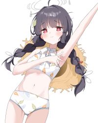  absurdres ahoge arm_up armpits ass_visible_through_thighs bikini black_hair blue_archive blush braid breasts bright_pupils closed_mouth female grey_halo halo hat highres leaf leaf_on_head leaf_print long_hair looking_at_viewer miyu_(blue_archive) miyu_(swimsuit)_(blue_archive) navel official_alternate_costume print_bikini red_eyes simple_background small_breasts solo straw_hat suiin swimsuit tears twin_braids twintails white_background white_bikini 