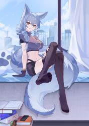  animal_ears arknights arm_support black_gloves black_shorts black_thighhighs blue_hair blue_sky book book_stack city cloud commentary_request crop_top crossed_legs day female gloves highres indoors large_tail long_hair looking_at_viewer midriff navel provence_(arknights) provence_(xz002) purple_shirt shirt short_shorts shorts sitting sky solo stomach tail thighhighs turtleneck wolf_ears wolf_tail yellow_eyes 