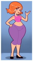  absurdres bare_arms bare_hips bare_shoulders black_footwear border breasts crop_top curvy debs_turnbull female full_body hand_on_own_hip high_heels highres kinggargantuas mature_female navel orange_hair pants purple_pants robotboy simple_background solo thighs white_border wide_hips 