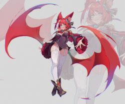  animal_ears black_panties blue_eyes breasts crossed_legs demon_wings dress f.k_(hs225kr) female highres looking_at_viewer medium_hair original panties red_hair simple_background solo thighhighs underwear white_thighhighs wings 