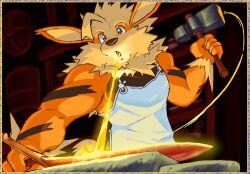  anthro apron arcanine black_body black_fur blacksmith blacksmith_apron blacksmithing clothed clothing dahecksajerry fire fur generation_1_pokemon hammer holding_hammer holding_object holding_tool multicolored_body multicolored_fur nintendo open_mouth orange_arms orange_body orange_ears orange_fingers orange_fur orange_hands pokemon pokemon_(species) solo tan_body tan_fur tools 