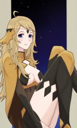  ahoge black_bridal_gauntlets blonde_hair bodystocking breasts bridal_gauntlets circlet female fire_emblem fire_emblem_fates gold_cape grey_eyes highres long_hair looking_at_viewer ophelia_(fire_emblem) panties small_breasts smile solo strixinkagoshim underwear yellow_panties 