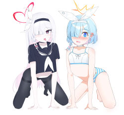  2girls absurdres arona_(blue_archive) barefoot bikini black_choker black_hairband black_pantyhose black_serafuku blue_archive blue_eyes blue_hair blush braid choker collarbone colored_inner_hair full_body hair_over_one_eye hairband halo hands_on_floor heart heart-shaped_pupils heart_halo highres long_hair looking_at_viewer multicolored_hair multiple_girls navel open_mouth orange_halo pantyhose plana_(blue_archive) red_halo sailor_collar saliva saliva_trail school_uniform serafuku single_braid sitting spiked_halo sports_bikini striped_bikini striped_clothes surprised swimsuit symbol-shaped_pupils sznx46 tongue tongue_out very_long_hair wariza white_background white_choker white_hair white_hairband 