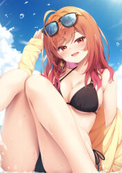  :d absurdres arm_up bare_shoulders bikini bikini_under_clothes black-framed_eyewear black_bikini blue_sky blush breasts brown_hair brown_jacket cleavage cloud commentary_request day earrings eyewear_on_head feet_out_of_frame female head_tilt highres hololive hololive_dev_is ichijou_ririka jacket jewelry knees_together_feet_apart knees_up large_breasts long_hair long_sleeves looking_at_viewer off_shoulder open_clothes open_jacket outdoors red_eyes side-tie_bikini_bottom sky sleeves_past_wrists smile solo sunglasses swimsuit tomifumi water 