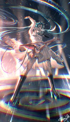  absurdres aqua_eyes aqua_hair arm_up armpits bare_arms black_footwear black_necktie boots breasts cable chromatic_aberration commentary_request dress electric_guitar female fishnet_thighhighs fishnets floating_hair full_body guitar hatsune_miku highres holding holding_instrument instrument light_particles looking_ahead necktie open_mouth signature smile smile_(qd4nsvik) solo standing thighhighs torn_clothes torn_dress twintails vocaloid white_dress 