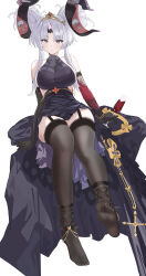  absurdres alcohol asymmetrical_gloves azur_lane bare_shoulders black_garter_straps black_thighhighs bracelet breasts closed_mouth cup dress drinking_glass female full_body garter_straps grey_eyes highres holding holding_cup horns huge_hair_bun jewelry large_breasts light_blush long_dress long_hair looking_at_viewer mianbei_gai_gai official_alternate_costume parted_bangs purple_dress simple_background single_horn solo thighhighs watarase_(azur_lane) watarase_(garments_of_everlasting_magic)_(azur_lane) white_background white_hair wine wine_glass 