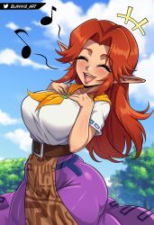  ^_^ absurdres blannis blush breasts brown_hair closed_eyes cloud english_commentary female hands_on_own_chest highres large_breasts long_hair long_skirt malon musical_note neckerchief open_mouth pointy_ears purple_skirt shirt shirt_tucked_in skirt sky smile solo the_legend_of_zelda the_legend_of_zelda:_ocarina_of_time tree twitter_logo twitter_username white_shirt wide_hips yellow_neckerchief 