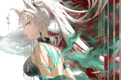  absurdres animal_ear_fluff animal_ears back_tattoo backless_shirt bare_shoulders blue_shirt breasts closed_mouth commentary eyeliner feixiao_(honkai:_star_rail) female fox_ears fox_girl from_side green_eyes highres honkai:_star_rail honkai_(series) large_breasts long_hair looking_at_viewer makeup no_coat pomi_(poan_dan) ponytail profile red_eyeliner shirt sidelocks smile solo tattoo upper_body very_long_hair white_hair 