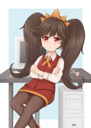  absurdres alternate_costume ashley_(warioware) atorie black_hair crossed_arms dress female frown hair_ornament highres id_card long_hair looking_at_viewer monitor office_lady pantyhose sidelocks sitting skull_brooch solo tiara twintails very_long_hair warioware 