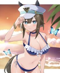  absurdres alternate_costume animal_ears armpits beach bikini blush breasts brown_hair cheval_grand_(umamusume) cleavage closed_mouth collarbone female hair_between_eyes hair_ornament hat highres horse_ears horse_tail jitsumuraakiho looking_at_viewer medium_breasts ocean sky solo swimsuit tail umamusume 