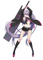  black_footwear boots breasts counter:side fishnets full_body highres holding holding_sword holding_weapon long_hair midriff navel official_art purple_hair red_eyes replacer_knight shorts side_ponytail stomach sword tachi-e transparent_background underboob weapon 