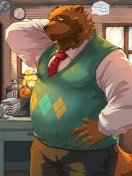  0_7us 2024 3:4 animal_crossing anthro belly big_belly black_nose bottomwear brown_body brown_fur canid canine clothing computer detailed_background duo electric_fan electronics fur hi_res inside kemono male mammal necktie nintendo overweight overweight_male pants raccoon_dog shirt sweater sweater_vest tanuki tom_nook_(animal_crossing) topwear vest 