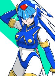  absurdres android armor blue_armor blue_eyes blue_helmet breasts cowboy_shot fairy_leviathan_(mega_man) female forehead_jewel helmet highres holding holding_polearm holding_weapon looking_at_viewer medium_breasts mega_man_(series) mega_man_zero_(series) polearm smile solo spear tsukkunetc weapon 