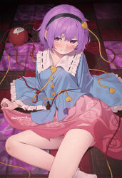  artist_name black_hairband blue_shirt blush buttons commentary_request female floral_print_skirt frilled_shirt_collar frilled_sleeves frills hair_between_eyes hairband heart_button highres kanpa_(campagne_9) komeiji_satori looking_at_viewer on_floor pink_skirt purple_eyes purple_hair shirt short_hair skirt skirt_hold solo tearing_up thighs third_eye torn_clothes torn_skirt touhou twitter_username wide_sleeves 