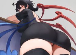  ass ass_focus asymmetrical_wings black_dress black_hair black_thighhighs breasts dress female from_below highres houjuu_nue huge_ass large_breasts looking_at_viewer moriforest1040 pantylines red_eyes short_hair solo thighhighs touhou wings 