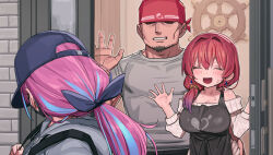  1boy 2girls apron bare_shoulders black_apron blue_hair blue_hat blue_ribbon blush breasts closed_eyes door earrings grey_shirt grey_sweater hair_ornament hair_ribbon hands_up hat highres hololive houshou_marine jewelry large_breasts long_hair long_sleeves looking_at_viewer looking_back minato_aqua multicolored_hair multiple_girls open_mouth purple_eyes red_hair ribbon shirt streaked_hair sweat sweater tenchisouha two-tone_hair virtual_youtuber 