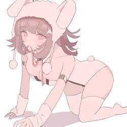  absurdres all_fours animal_ears animal_hood arm_warmers bare_shoulders black_leotard blush breasts cleavage danganronpa_(series) danganronpa_2:_goodbye_despair fake_animal_ears female highres hood hood_up ibushi_(kuyuru_29) large_breasts leotard mouth_hold nanami_chiaki no_shoes official_alternate_costume pink_eyes playboy_bunny rabbit_ears rabbit_hood rabbit_tail ribbon simple_background solo spaceship_hair_ornament tail thighhighs white_background white_leotard white_thighhighs 