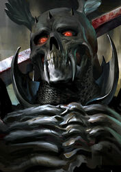  1boy armor azazel blood blood_on_weapon chainmail fangs glowing glowing_eyes head_wings horns male_focus monster multiple_horns original over_shoulder portrait red_eyes ribs skull solo sword teeth weapon weapon_over_shoulder wings 