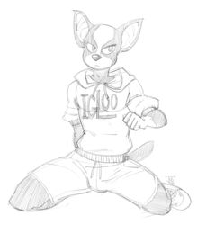  2016 anthro athletic_wear big_ears boston_terrier bottomwear canid canine canis clothing domestic_dog fur hoodie hunting_dog iggy_(jjba) jojo&#039;s_bizarre_adventure lapinbeau male mammal molosser monochrome multicolored_body multicolored_fur shorts sitting sitting_on_ground small_molosser solo terrier topwear toy_dog 