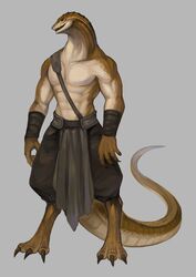  2023 abs absurd_res anthro black_claws black_finger_claws bottomwear brown_body brown_scales chimo205 claws clothing finger_claws fingers grey_background hi_res lizard looking_forward male open_mouth pants pecs reptile scales scalie simple_background solo standing straps teeth yellow_eyes 