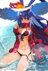  antenna_hair ball beachball bikini blue_hair commentary_request demon_girl disgaea disgaea_d2 female flame_print flower genderswap_(mtf) hat hat_flower jacket laharl laharl-chan long_hair looking_at_viewer makai_senki_disgaea miyakawa106 pointy_ears red_eyes rule_63 scarf sitting solo sun_hat swimsuit untied_bikini wariza water wet 