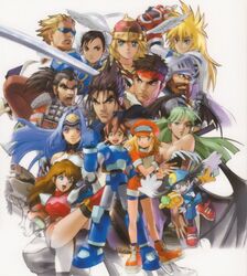  6+boys 6+girls absurdres armor bat_wings beard blonde_hair blue_eyes blue_hair boots breasts brown_hair cabbie_hat capcom captain_commando captain_commando_(character) chun-li cleavage cropped_jacket dagger double_bun facial_hair fist_pump full_body green_eyes green_hair hair_bun hat head_wings headband helmet high_kick highres jacket jewelry kanda_momo kawano_takuji kazama_jin kaze_no_klonoa kicking klonoa knife kos-mos long_hair looking_at_viewer makaimura medium_breasts mega_man_(series) mega_man_legends_(series) mega_man_volnutt mitsurugi_heishirou morrigan_aensland multiple_boys multiple_girls namco_x_capcom official_art open_mouth paint.net_(medium) pantyhose pink_eyes red_jacket red_shorts ring roll_caskett_(mega_man) ryu_(street_fighter) short_hair shorts sir_arthur_(makaimura) smile soulcalibur stahn_aileron standing street_fighter sword tales_of_(series) tales_of_destiny tekken thighhighs valkyrie_(vnd) valkyrie_no_densetsu vampire_(game) weapon wings wonder_momo xenosaga 