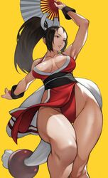  absurdres arm_up armpits bare_legs black_hair breasts brown_eyes cleavage commentary_request fatal_fury female hand_fan highres holding holding_fan hopping large_breasts legs legs_together long_hair looking_away ninja no_bra pelvic_curtain ponytail sash shiny_skin shiranui_mai simple_background sleeveless smile solo the_king_of_fighters thick_thighs thighs yellow_background yoshio_(55level) 