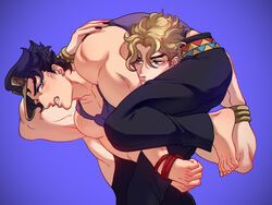  2boys barefoot black_hair blonde_hair blue_eyes blush bound bound_wrists bracelet carrying dio_brando fireman&#039;s_carry hat jewelry jojo_no_kimyou_na_bouken kujo_jotaro less_end male_focus multiple_boys muscular muscular_male no_coat purple_shirt red_eyes shirt stardust_crusaders tank_top 