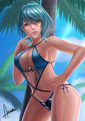  amasaki_yusuke arm_up armpits bare_shoulders blue_one-piece_swimsuit blue_sky breasts casual_one-piece_swimsuit cleavage cleavage_cutout clothing_cutout cloud commentary_request day dead_or_alive dead_or_alive_6 dead_or_alive_xtreme female finger_to_cheek green_hair hair_between_eyes halterneck hand_on_own_hip highres looking_at_viewer medium_breasts mole mole_under_eye multicolored_hair one-piece_swimsuit outdoors palm_tree parted_lips photoshop_(medium) short_hair side-tie_swimsuit sideboob signature sky solo streaked_hair swimsuit tamaki_(doa) teeth tree underboob upper_teeth_only wet wet_clothes wet_hair wet_swimsuit yellow_eyes 