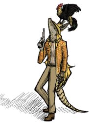  absurd_res anthro armadillo avian bird black_body black_feathers blonde_hair chicken closed_eyes clothing cowboy_hat danny_burns duo feathers feral galliform gallus_(genus) grey_body gun hair handgun hat head_back headgear headwear hi_res holding_gun holding_object holding_ranged_weapon holding_weapon larry_burns long_hair makaronnie male mammal nine-banded_armadillo phasianid pistol raised_wings ranged_weapon simple_background standing_on_another wavy_hair weapon wings xenarthran yellow_clothing 