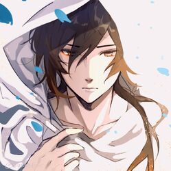  1boy black_hair brown_hair cloak closed_mouth collarbone eyes_visible_through_hair genshin_impact hair_between_eyes hood hood_up hooded_cloak jewelry long_hair looking_at_viewer luceveea male_focus multicolored_hair official_alternate_costume petals ponytail protected_link simple_background solo white_background yellow_eyes zhongli_(archon)_(genshin_impact) zhongli_(genshin_impact) 