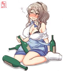  alternate_costume alternate_hairstyle apron between_legs black_bra blue_apron blue_bow blue_bowtie blue_skirt blush bottle bow bowtie bra breasts brown_eyes checkered_apron checkered_clothes cleavage commentary_request dated drunk employee_uniform female full_body gingham gingham_apron grey_hair hiccup highres holding holding_bottle kanon_(kurogane_knights) kantai_collection kobeya kobeya_uniform large_breasts looking_at_viewer loose_bowtie no_pupils nose_blush off_shoulder open_clothes open_mouth open_shirt plaid plaid_apron pola_(kancolle) ponytail saliva saliva_trail simple_background sitting skirt socks solo squeans thick_eyebrows underwear uniform unmoving_pattern waitress wariza wavy_hair white_background white_footwear white_socks wine_bottle 