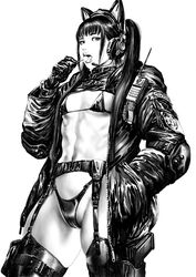  animal_ears azazel badge bikini candy covered_nipples fake_animal_ears female food garter_belt gloves greyscale hand_in_pocket headphones holding holding_candy holding_food holster holstered jacket lollipop long_hair micro_bikini monochrome navel open_clothes open_jacket open_mouth original pouch realistic revealing_clothes saliva saliva_trail simple_background solo swimsuit teeth tongue tongue_out twintails uniform upper_teeth_only walkie-talkie watch white_background zipper zipper_pull_tab 