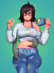  1boy ahoge belly belly_grab black-framed_eyewear bracelet breasts brown_eyes brown_hair cleavage clothes_lift collarbone commentary cup curvy disembodied_hand english_commentary female glasses grabbing grabbing_from_behind green_background highres jewelry large_breasts lyoung0j mei_(overwatch) off-shoulder_sweater off_shoulder overwatch overwatch_1 pajamas pajamei pearl_bracelet pinching short_hair solo_focus straight sweatdrop sweater sweater_lift tank_top thick_thighs thigh_grab thighs weight_conscious 