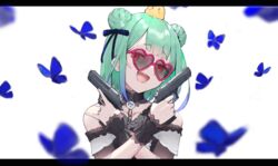  absurdres bad_id bad_pixiv_id bare_shoulders bird black_choker blue_butterfly blue_hair bow brooch bug butterfly chick choker collarbone double_bun dress female frilled_straps gradient_hair green_hair gun hair_bun hair_ornament hair_ribbon handgun haru_on heart heart-shaped_eyewear highres hololive jewelry lace lace_choker letterboxed looking_at_viewer multicolored_hair oerba_yun_fang off-shoulder_dress off_shoulder open_mouth piyoko_(uruha_rushia) red_eyes ribbon see-through see-through_sleeves short_hair short_sleeves sidelocks skull_hair_ornament smile solo sunglasses uruha_rushia virtual_youtuber weapon white_background wristband 