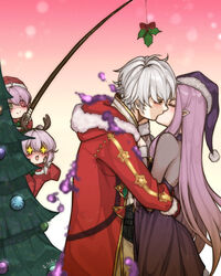  2boys 2girls :d aura christmas christmas_tree commission dark_aura dark_persona family father_and_daughter father_and_son fire_emblem fire_emblem_awakening fire_emblem_heroes fishing_rod gradient_background green_eyes grima_(fire_emblem) hat heterochromia highres holly hug husband_and_wife idunn_(fire_emblem) kissing light_purple_hair lolicon merry_christmas morgan_(female)_(fire_emblem) morgan_(fire_emblem) morgan_(male)_(fire_emblem) mother_and_daughter mother_and_son multiple_boys multiple_girls open_mouth purple_eyes ritence robe robin_(fire_emblem) robin_(male)_(fire_emblem) robin_(male)_(winter)_(fire_emblem) santa_costume santa_hat simple_background smile straight white_hair 