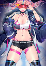  adjusting_eyewear ass_visible_through_thighs au11 azur_lane bare_shoulders belt bikini bikini_top_only bikini_under_clothes black_choker black_shorts blowing_bubbles blue_hair boots breasts bremerton_(azur_lane) buckle choker cleavage collarbone commentary cowboy_shot crop_top cutoffs eyebrows_hidden_by_hair female floating_hair front-tie_bikini_top front-tie_top glint grey_belt hair_between_eyes hair_intakes hair_ornament halterneck hand_on_own_hip highleg highleg_bikini highres huge_breasts large_breasts lifebuoy_ornament long_hair looking_at_viewer micro_shorts midriff multicolored_hair navel navel_piercing no_mole off_shoulder parted_lips photoshop_(medium) piercing pink_bikini pink_eyes pink_hair purple_hair red-tinted_eyewear satin satin_bikini shadow shiny_clothes shiny_skin shorts side-tie_bikini_bottom sidelocks skindentation snap-fit_buckle solo standing streaked_hair sunglasses sweat swimsuit thigh_strap thighhighs tinted_eyewear twintails underboob wrist_straps 