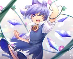  arm_up bloom blue_bow blue_dress blue_eyes blue_hair bow cirno dress eyes_visible_through_hair female flower flying gradient_background grey_background hair_between_eyes hands_up happy highres holding ice ice_wings leaf light looking_at_viewer mozuno_(mozya_7) neck_flower neck_ribbon one_eye_closed open_mouth pink_flower puffy_short_sleeves puffy_sleeves rainbow red_bow red_ribbon ribbon shadow shirt short_hair short_sleeves smile solo sunflower tan tanned_cirno teeth tongue touhou white_background white_shirt wings yellow_flower 