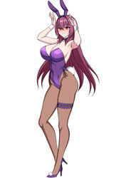  animal_ears bare_shoulders breasts cleavage detached_collar fake_animal_ears fate/grand_order fate_(series) female fishnet_pantyhose fishnets full_body hair_between_eyes hands_up high_heels highleg highleg_leotard highres large_breasts leotard long_hair looking_at_viewer muta_poo pantyhose playboy_bunny purple_footwear purple_hair purple_leotard rabbit_ears rabbit_pose red_eyes scathach_(fate) scathach_(piercing_bunny)_(fate) smile solo white_background wrist_cuffs 