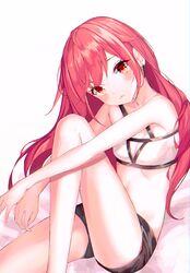  bandeau bare_arms bare_shoulders black_shorts breasts cleavage closed_mouth closers commentary_request earrings female head_tilt highres jewelry knee_up long_hair looking_at_viewer merryj midriff pink_hair red_eyes seth_(closers) short_shorts shorts simple_background sitting small_breasts solo stomach thighs white_background 