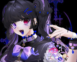  altair_(unxi) anarchy_symbol animalization bandaged_arm bandages bat_wings black_background black_bow black_dress black_hair black_nails black_shirt blue_gemstone blue_nails blue_tongue blunt_bangs bow bowtie charm_(object) collar colored_tongue commentary cross cross_bottony dress ear_piercing female finger_piercing fingernails frilled_cuffs frilled_shirt_collar frills gem gold gold_nails grey_bow hair_bobbles hair_intakes hair_ornament hairclip hand_up heterochromia highres intestines iridescent jewelry lace lilith_(unxi) lipstick long_hair makeup multicolored_hair nail_art oerba_yun_fang open_mouth original pearl_(gemstone) pendant pentagram piercing puffy_sleeves purple_bow purple_bowtie purple_collar purple_eyes purple_hair purple_nails razor_blade red_eyes shirt signature simple_background slit_pupils spikes streaked_hair symbol-only_commentary symbol-shaped_pupils tears tongue_piercing twintails undershirt unxi wings wrist_cuffs 