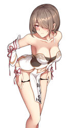  absurdres bare_shoulders black_panties blush breasts brown_hair china_dress chinese_clothes cleavage clothing_cutout commentary_request dress earrings female floral_print hair_over_one_eye heart heart-shaped_pupils highres honkai_(series) honkai_impact_3rd jewelry large_breasts navel_cutout panties panty_pull pelvic_curtain pleated_sleeves pulling_own_clothes red_eyes red_ribbon ribbon rita_rossweisse rita_rossweisse_(artemis) rose_print ruo_zhishi_chu_jian short_hair solo symbol-shaped_pupils underwear undressing white_background 